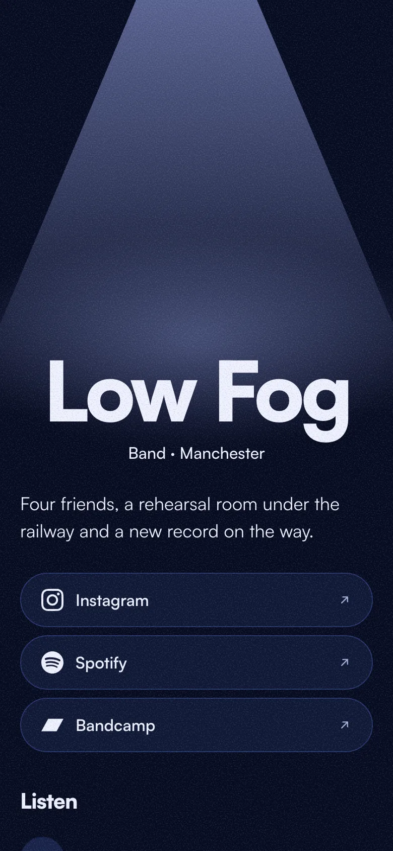 The artist page on a phone, with songs to play and upcoming gigs