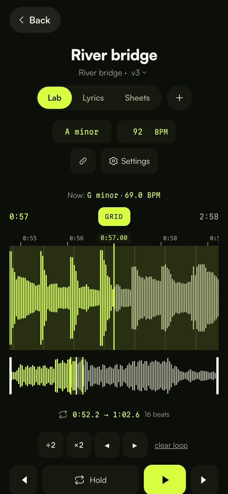The Lab on a phone: waveform with the beat grid, a loop, tempo and key, speed and pitch