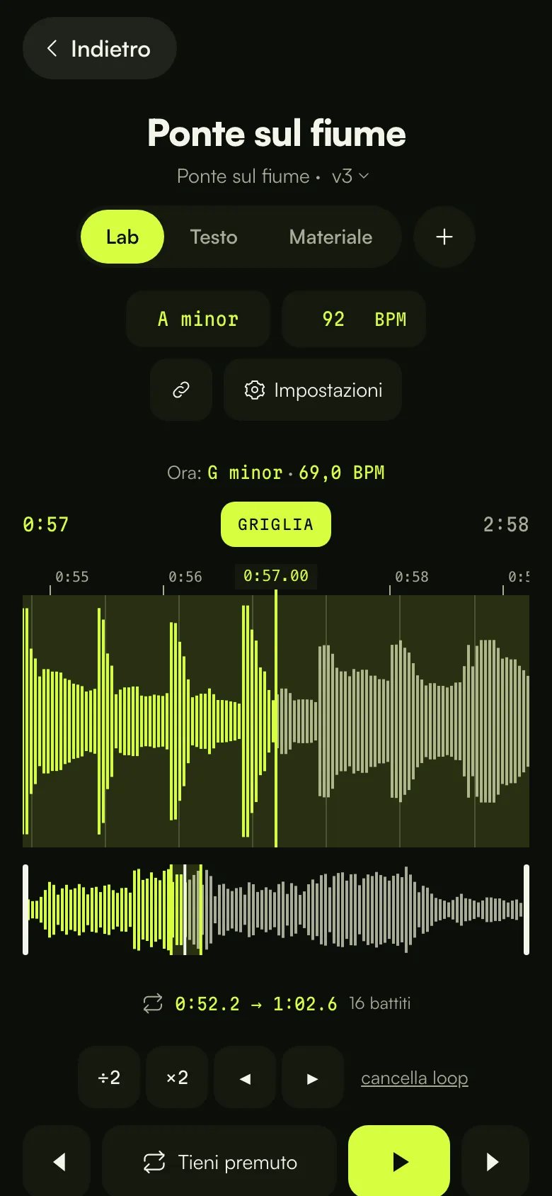 Il Lab sul telefono: forma d'onda con la griglia dei battiti, un loop, tempo e tonalità, velocità e intonazione