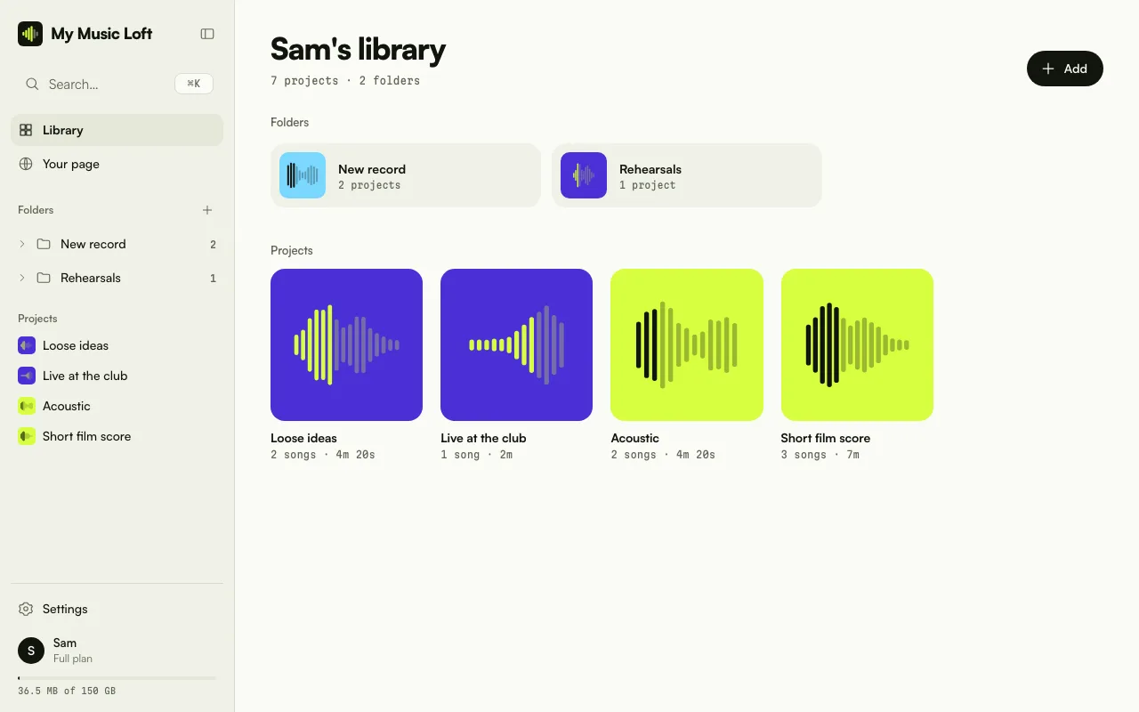 The library on a computer, with the sidebar and the grid of projects