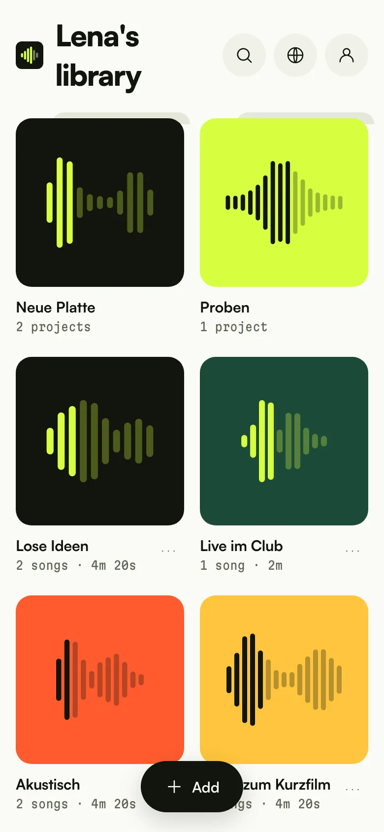 Die Bibliothek auf dem Handy: Ordner und Projekte mit ihren generierten Covern