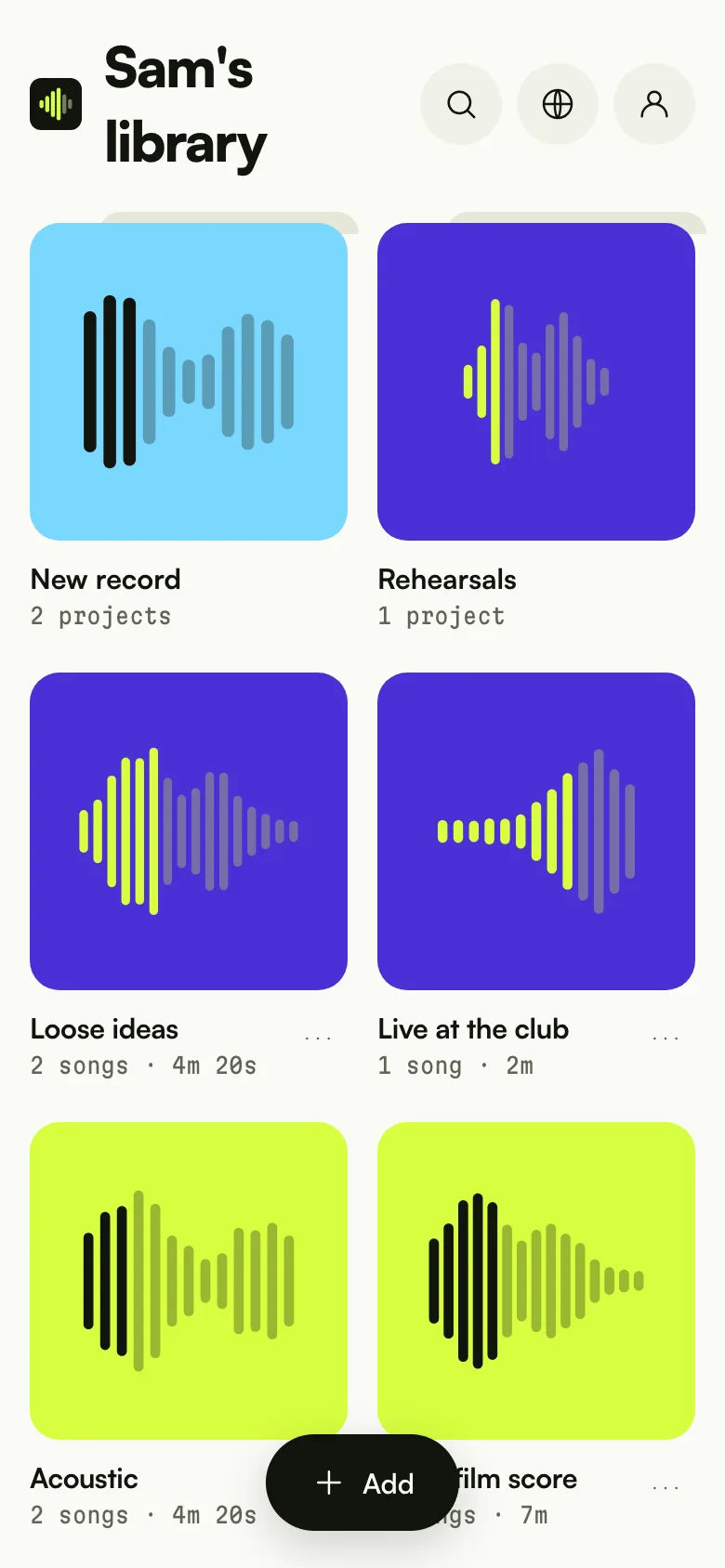 The library on a phone: folders and projects with their generated covers