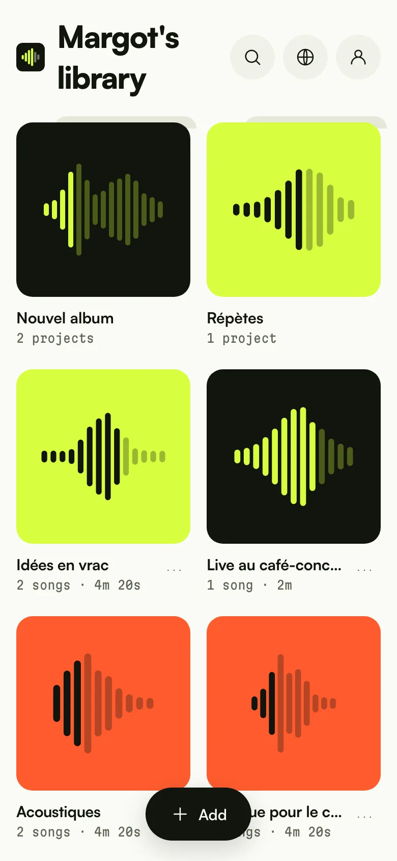 La bibliothèque sur le téléphone : dossiers et projets avec les pochettes générées