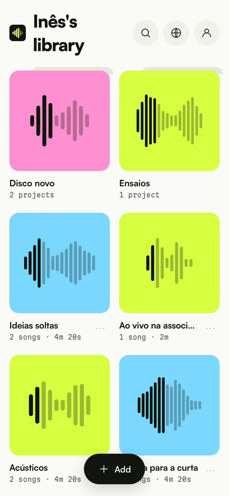 A biblioteca no telemóvel: pastas e projetos com as capas geradas
