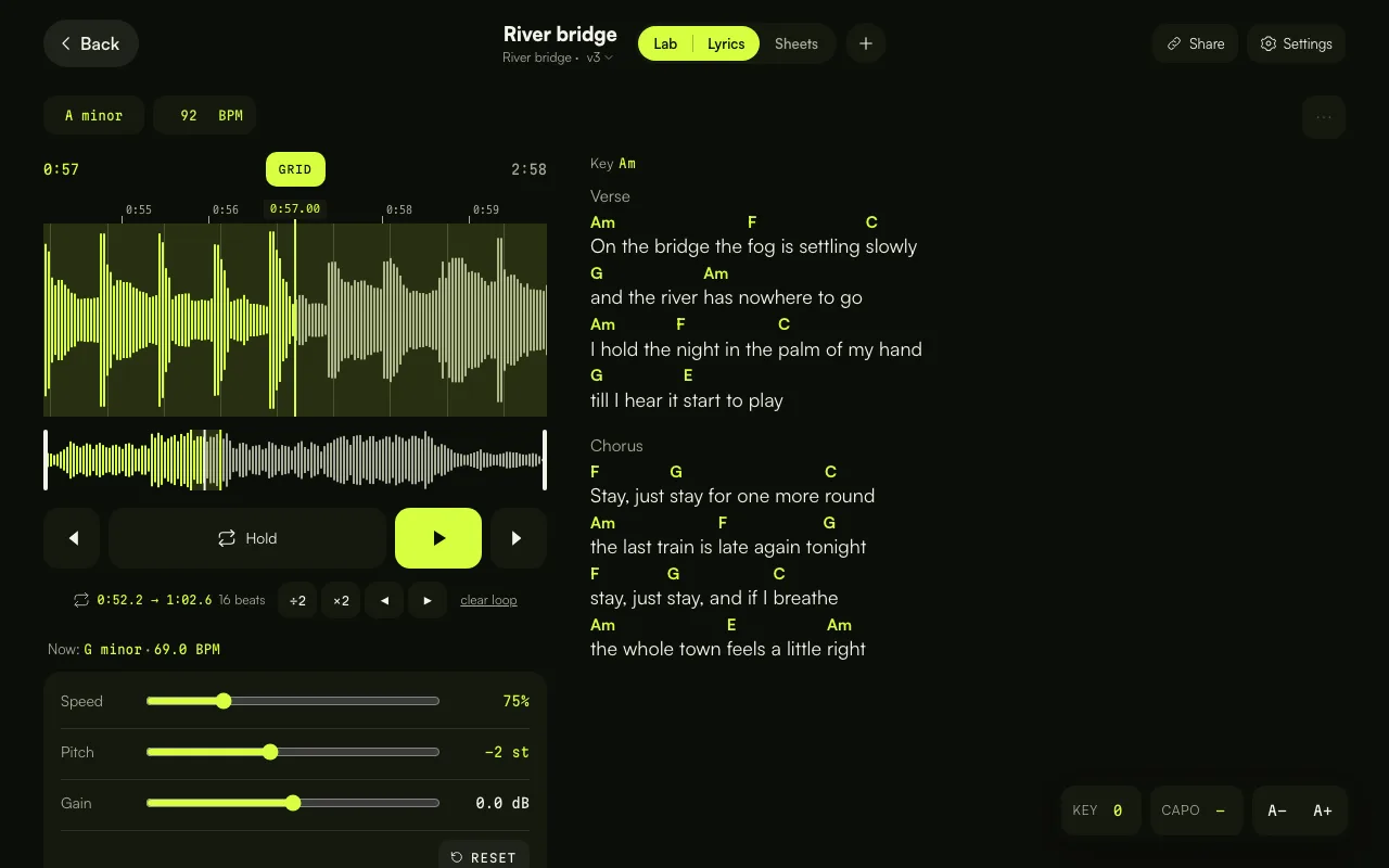 On a computer, the Lab next to the lyrics with the chords above the words