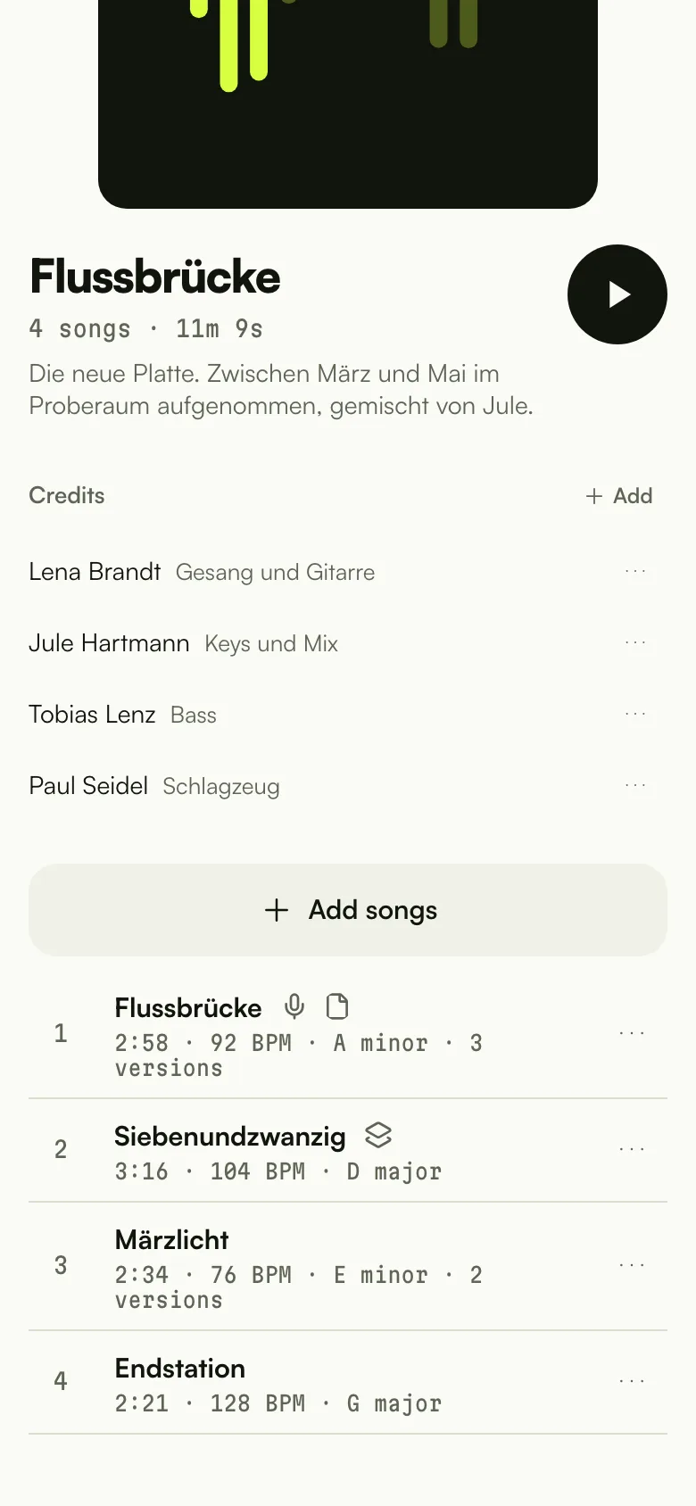 Ein Projekt auf dem Handy: die Liste der Songs, jeder mit seinen Versionen