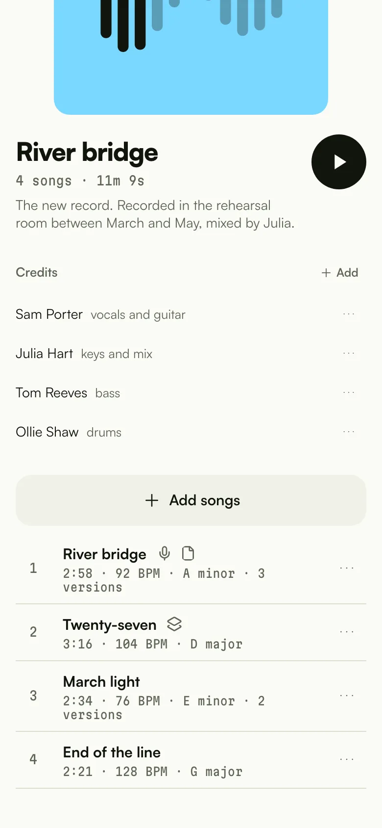 A project on a phone: the list of songs, each with its versions