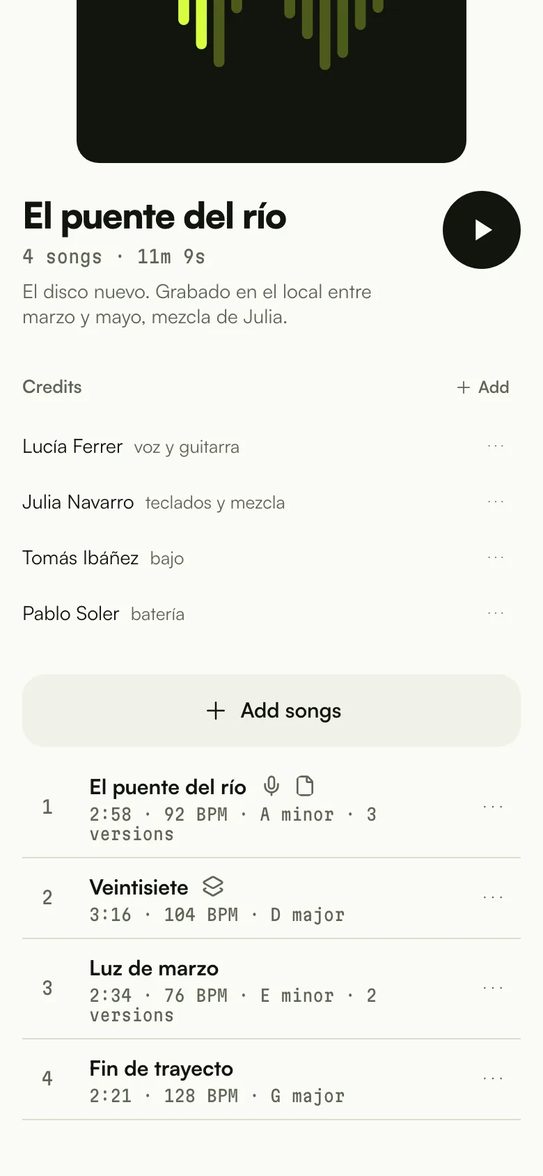 Un proyecto en el móvil: la lista de canciones, cada una con sus versiones