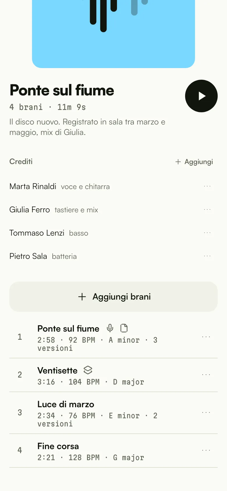 Un progetto sul telefono: l'elenco dei brani, ognuno con le sue versioni