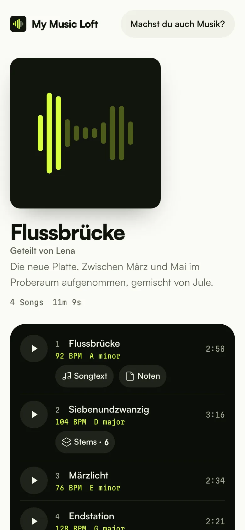Der öffentliche Link auf dem Handy geöffnet: Cover, Titel und Player mit Wellenform