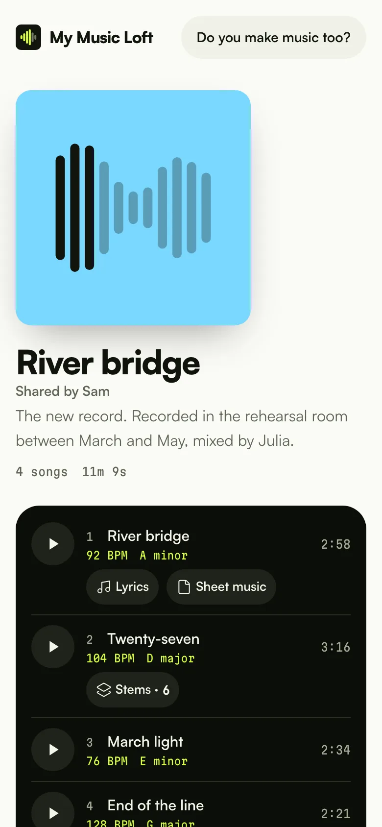 The public link open on a phone: cover, title and the player with the waveform