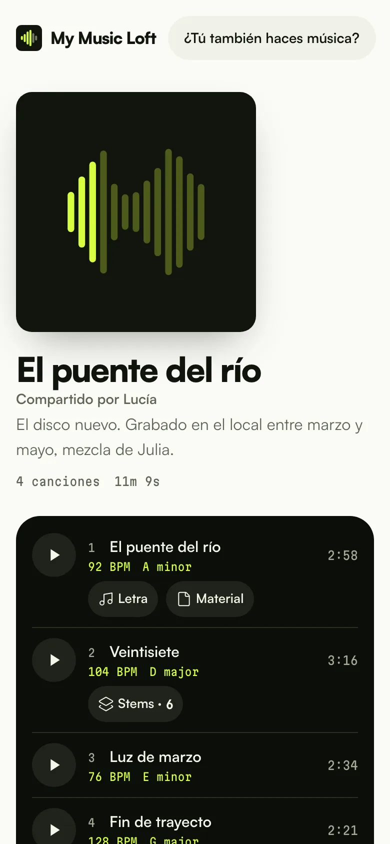 El enlace público abierto en el móvil: portada, título y reproductor con la forma de onda