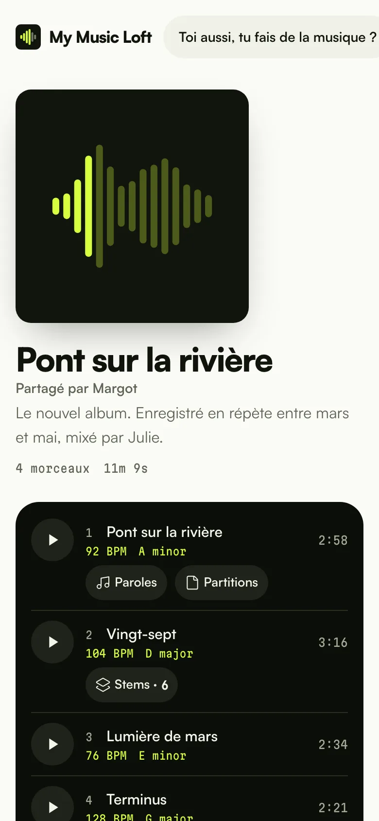 Le lien public ouvert sur le téléphone : pochette, titre et lecteur avec la forme d'onde