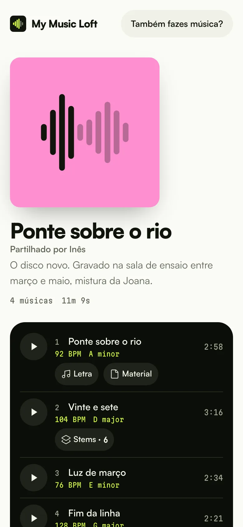 O link público aberto no telemóvel: capa, título e player com a forma de onda