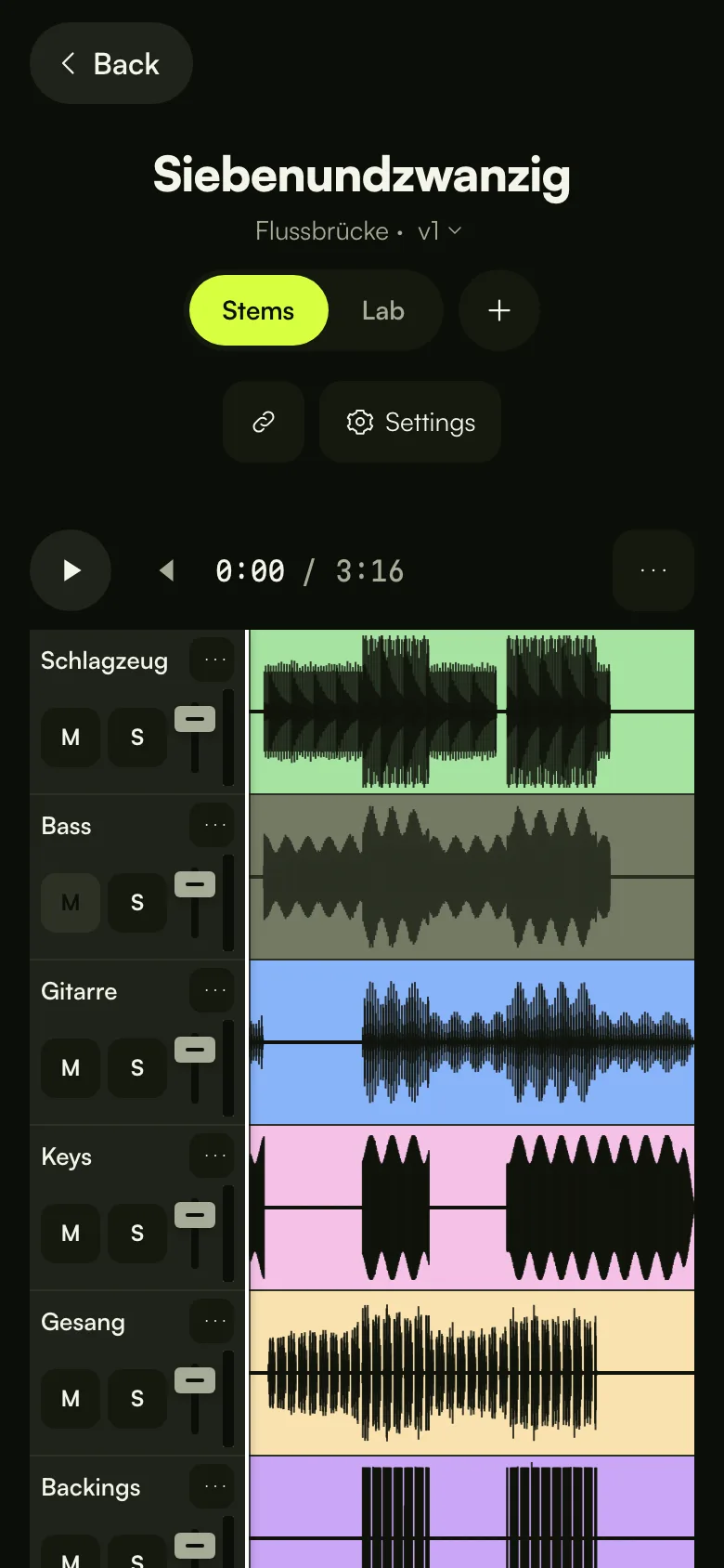 Der Stems-Mixer auf dem Handy: eine Spur pro Instrument mit Mute, Solo und Lautstärke