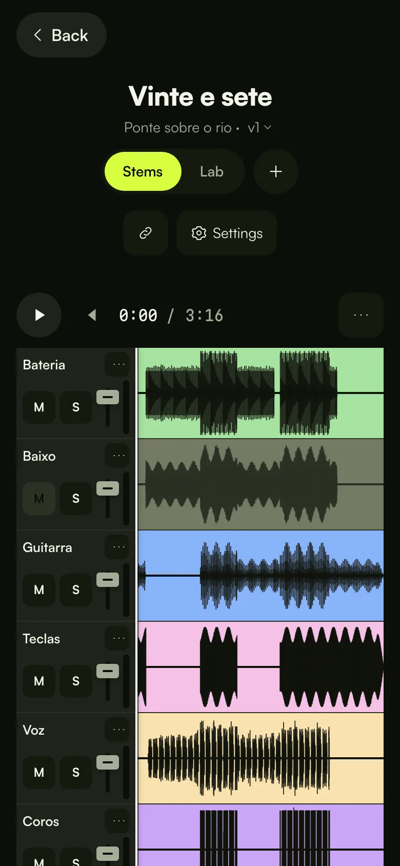 O mixer dos stems no telemóvel: uma faixa por instrumento com mute, solo e volume